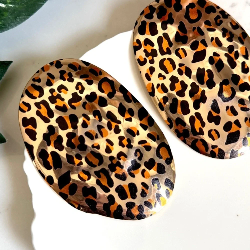 2/$30🌵 Animal Print Cheetah Leopard Jumbo Oval Gold Tone Earrings Boho Gift NEW